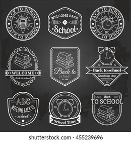 Vector set of vintage Back to School logos. Retro educational equipment labels, signs collection. Knowledge day design concepts.