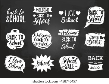 Vector set of vintage Back to School in comic speech bubbles on chalkboard. Educational logos collection with hand lettering. Knowledge day design concepts.