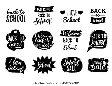 Vector set of vintage Back to School in comic speech bubbles. Educational logos collection with hand lettering. 