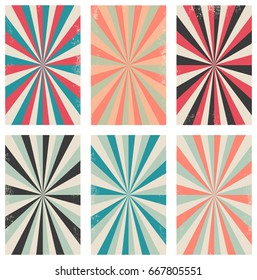 Vector set of vintage background with grunge old paper texture and retro circular striped pattern of pink, blue, red and black colors