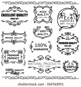 Vector set of vintage badges and monogram for packaging design. 