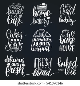 Vector set of vintage bakery hand lettering. Modern calligraphy collection with cookie Illustrations for print and web projects, posters, logos, products packaging. Pastry shop background. 