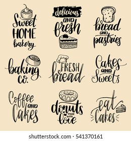 Vector set of vintage bakery hand lettering. Modern calligraphy collection with cookie Illustrations for print and web projects, posters, logos, products packaging. Pastry shop background. 