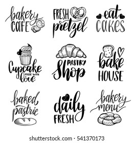 Vector set of vintage bakery hand lettering. Modern calligraphy collection with cookie Illustrations for print and web projects, posters, logos, products packaging. Pastry shop background. 