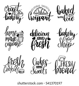 Vector set of vintage bakery hand lettering. Modern calligraphy collection with cookie Illustrations for print and web projects, posters, logos, products packaging. Pastry shop background. 