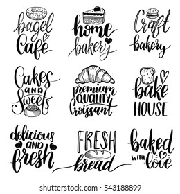 Vector set of vintage bakery hand lettering logos, badges. Typography design elements, modern calligraphy collection with cookie Illustrations for prints, cards, posters, products packaging, branding.