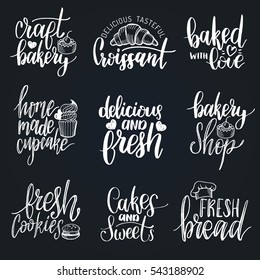 Vector set of vintage bakery hand lettering logos, badges. Typography design elements, modern calligraphy collection with cookie Illustrations for prints, cards, posters, products packaging, branding.