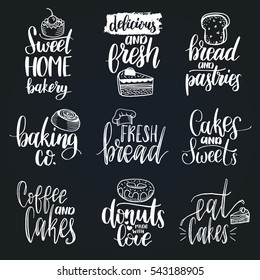 Vector set of vintage bakery hand lettering logos, badges. Typography design elements, modern calligraphy collection with cookie Illustrations for prints, cards, posters, products packaging, branding.