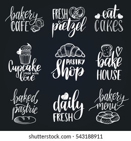 Vector set of vintage bakery hand lettering logos, badges. Typography design elements, modern calligraphy collection with cookie Illustrations for prints, cards, posters, products packaging, branding.