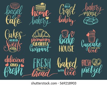 Conjunto vectorial de logos de letras de panadería, insignias. Elementos de diseño de tipografía, moderna colección de caligrafía con Ilustraciones de galletas para impresiones, tarjetas, carteles, embalaje de productos, marca.