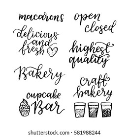 Vector set of vintage bakery hand lettering logos, badges. Typography design elements, modern calligraphy collection with cookie illustrations for prints, cards, posters, products packaging, branding.