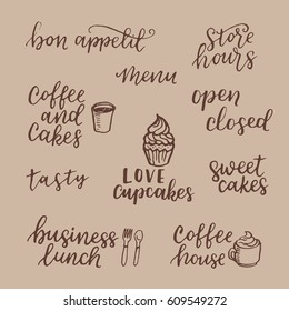 Vector set of vintage bakery hand lettering logos, badges. Typography design elements, modern calligraphy collection with cookie illustrations for prints, cards, posters, products packaging, branding.