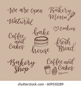 Vector set of vintage bakery hand lettering logos, badges. Typography design elements, modern calligraphy collection with cookie illustrations for prints, cards, posters, products packaging, branding.