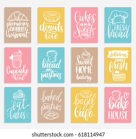 Vector set of vintage bakery hand lettering cards. Typography design logos or labels. Calligraphy collection with cookie Illustrations for prints, tags, posters, products packaging, branding.