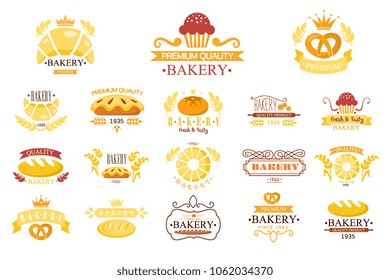 Vector set of vintage bakery labels. Emblems with fresh bread, pies, pretzel, buns, loaves, cupcakes, croissants, ribbons and ears of wheat. Design for logo of bakehouse