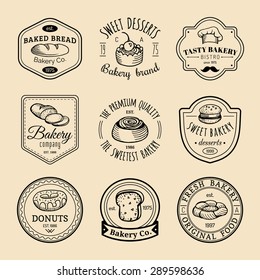 Vector set of vintage bakery logos. Retro emblems collection with sweet cookie: biscuit, cupcake, muffin, croissant. Hipster pastry icons. Desert elements. Loaf and bread isolated.