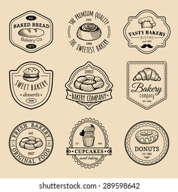 Vector set of vintage bakery logos. Retro emblems collection with sweet cookie: biscuit, cupcake, muffin, croissant. Hipster pastry icons. Desert elements. Loaf and bread isolated.