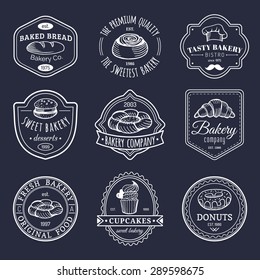 Vector set of vintage bakery logos. Retro emblems collection with sweet cookie: biscuit, cupcake, muffin, croissant. Hipster pastry icons. Desert elements. Loaf and bread isolated.