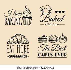 Vector set of vintage bakery logos. Retro labels collection with sweet cookie, biscuit bread, cake etc. Hipster pastry icons. I love baking. Baked with love.