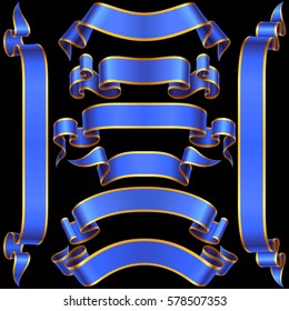 Vector set of Vintage Banner Ribbon. Blue Shiny Scroll Frame Template isolated of black background