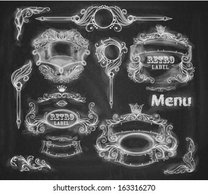 Vector set of vintage banners. Background chalkboard.  All chalk scrapes and touches are grouped with the element to which they belong.