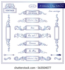 Vector set of vintage banners, dividers for love messages on Valentine day. Hand drawn calligraphy wave elements, different elements for design in each set. Blue watercolor style