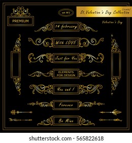 Vector set of vintage banners, dividers for love messages on Valentine day. Hand drawn calligraphy wave elements, different elements for design in each set. Premium gold and black colors