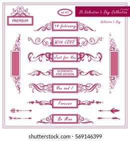 Vector set of vintage banners, dividers for love messages on Valentine day. Hand drawn calligraphy wave elements, different elements for design in each set. Cute red and pink colors
