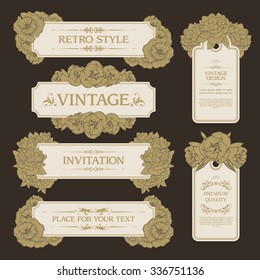 Vektorillustration mit Vintage-Bannern und Etiketten mit Blumen und Dekor. Grußkarte, Valentinstag, Hochzeitseinladung Design Blumenrahmen. Retro-Hintergrund