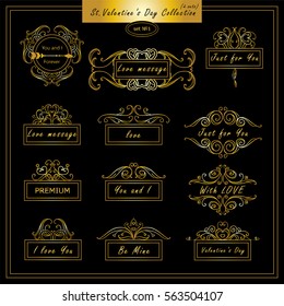 Vector set of vintage banners, tags for Valentines day, wedding or engagement card, invitation. Hand drawn calligraphy wave elements for design. Premium gold and black colors