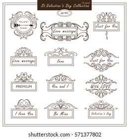 Vector set of vintage banners, tags for Valentines day, wedding or engagement card, invitation. Hand drawn calligraphy wave elements, different elements for design in each set