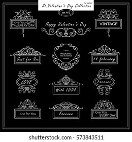 Vector set of vintage banners, tags for Valentines day, wedding or engagement card, invitation. Hand drawn calligraphy wave elements for design. Black and white colors 