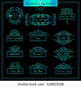 Vector set of vintage banners, tags for Valentines day, wedding or engagement card, invitation. Hand drawn calligraphy wave elements for design. Ocean blue watercolor style, new set 1 from 2