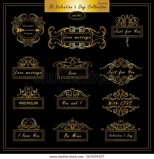 Vector set of\
vintage banners, tags for Valentines day, wedding or engagement\
card, invitation. Hand drawn calligraphy wave elements for design.\
Premium gold and black\
colors