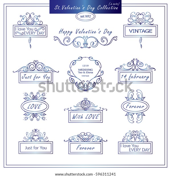 Vector set of vintage\
banners, tags for Valentines day, wedding or engagement card,\
invitation. Hand drawn calligraphy wave elements for design. Blue\
watercolors style
