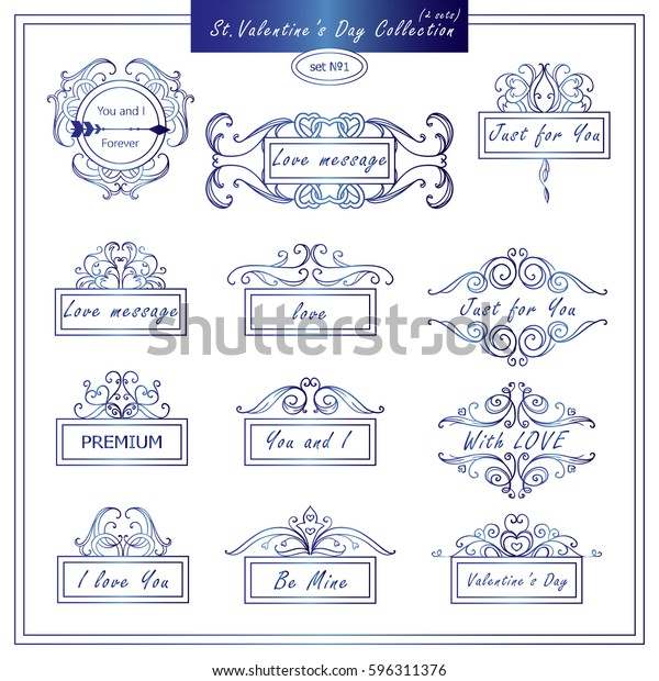Vector set of vintage\
banners, tags for Valentines day, wedding or engagement card,\
invitation. Hand drawn calligraphy wave elements for design. Blue\
watercolors style