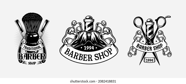 Conjunto vectorial de emblemas vintage de la barbería. Plantillas del logotipo de la Barber shop. Colección de elementos de diseño para etiquetas. 