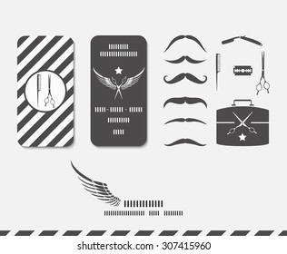 Vector set of vintage barber shop logo, labels, icon and design element. Hairdresser business card design. Graphic elements: a mustache and barber accessories. 