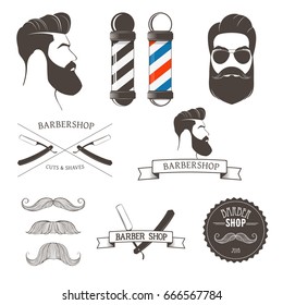 Vector set of vintage barber shop logo, barber pole and different types of beards and mustache