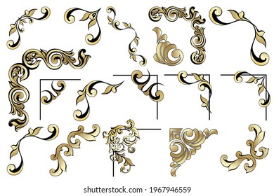 Vector set of vintage baroque corners and dividers.Border,angle,swirl,antique  acanthus,damask scroll ornament swirl.Victorian monogram heraldic shield swirl.Retro floral leaf pattern border foliage 