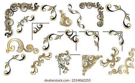 Vector set of vintage baroque corners and dividers.Border,angle,swirl,antique  acanthus,damask scroll ornament swirl.Victorian monogram heraldic shield swirl.Retro floral leaf pattern border foliage 