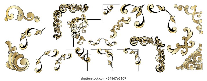 Vector set of vintage baroque corners and dividers.Border,angle,swirl,antique  acanthus,damask scroll ornament swirl.Victorian monogram heraldic shield swirl.Retro floral leaf pattern border foliage 