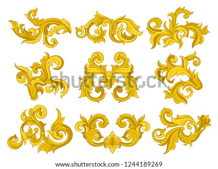 Vector set of vintage baroque ornaments. Elegant floral patterns in Victorian style. Luxurious ornamental elements