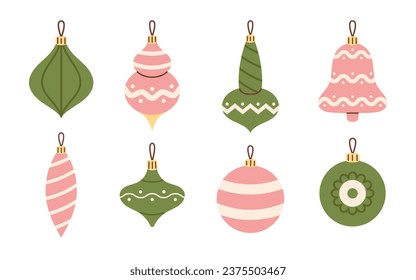 Vector set of vintage baubles and decorations for Christmas tree. Collection of Christmas ornaments and balls in flat design. Happy New Year and Merry Christmas.