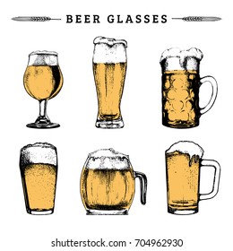 Vector set of vintage beer glasses. Lager, ale hand drawn symbols, signs. Vintage hand sketched mugs collection for brewery label or badge, drink menu.