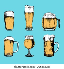 Vector set of vintage beer glasses. Lager, ale hand drawn symbols, signs. Vintage hand sketched mugs collection for brewery label or badge, drink menu.