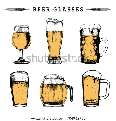 Vector set of vintage beer glasses. Lager, ale hand drawn symbols, signs. Vintage hand sketched mugs collection for brewery label or badge, drink menu.