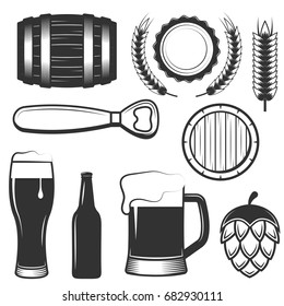 Vector set of vintage beer symbols, icons isolated on white background. Black templates for logos and print.