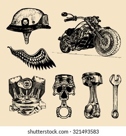 Vector Set Of Vintage Bikers Elements. Hand Sketched Chopper Signs Collection For Logo, Label, Poster Etc. Detailed Custom Motorcycle Illustration.