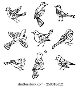 Vector set of vintage birds. Black ornate birds isolated on white background. 